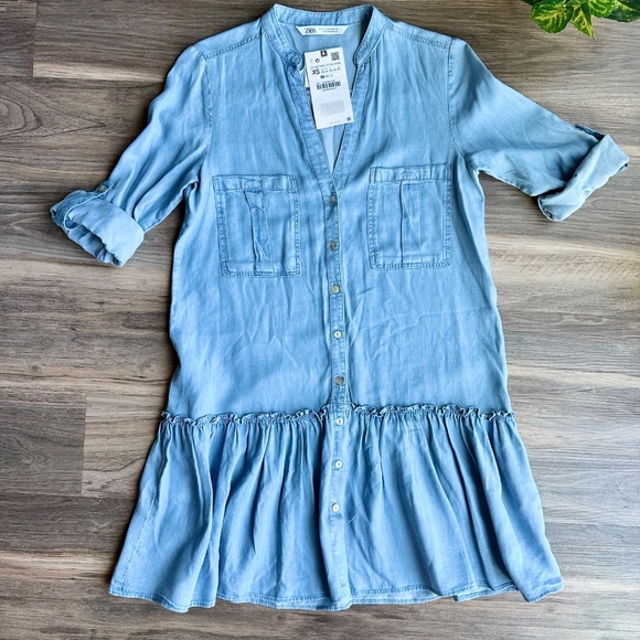 NWT Zara Chambray Button-Down Drop Waist Shirt Dress withRuffle Hem Size XS - Picture 3 of 11